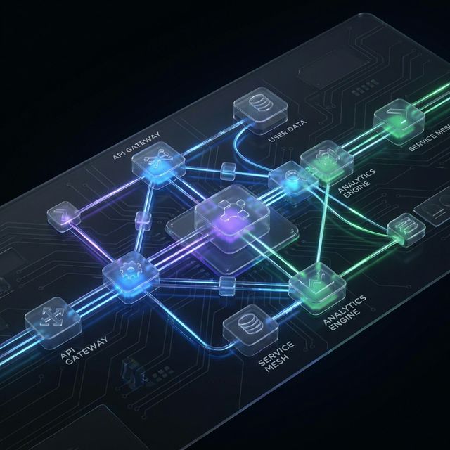 Glowing nodes representing architectural data flow
